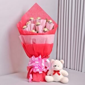 Splendid Ferrero Bouquet with Teddy and Greeting Card