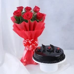 Eggless Chocolate Truffle Cake Half Kg with 6 Roses